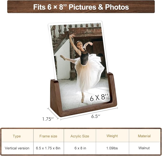 Mixoo 6x8 Picture Frame 2 Pack - Rustic Wooden Photo Frames with Walnut Wood Base and High Definition Break Free Acrylic Glass Covers for Desk or Tabletop Display (6×8 inch, Vertical + Vertical)