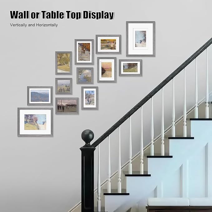 Egofine Picture Frame Set 12 Pack, Picture Frames Collage Wall Decor with Two 8x10, Four 5x7, Four 4x6, Two 4x4, Photo Frames for Wall and Tabletop, Made of Solid Wood, Covered by Plexiglass, Oak Grey