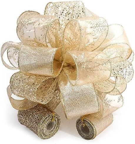 Christmas Tree Topper Bow - Bow: 11" sq. - Tails: 3 Yards Long Each - Champagne Snowflake - Image 6