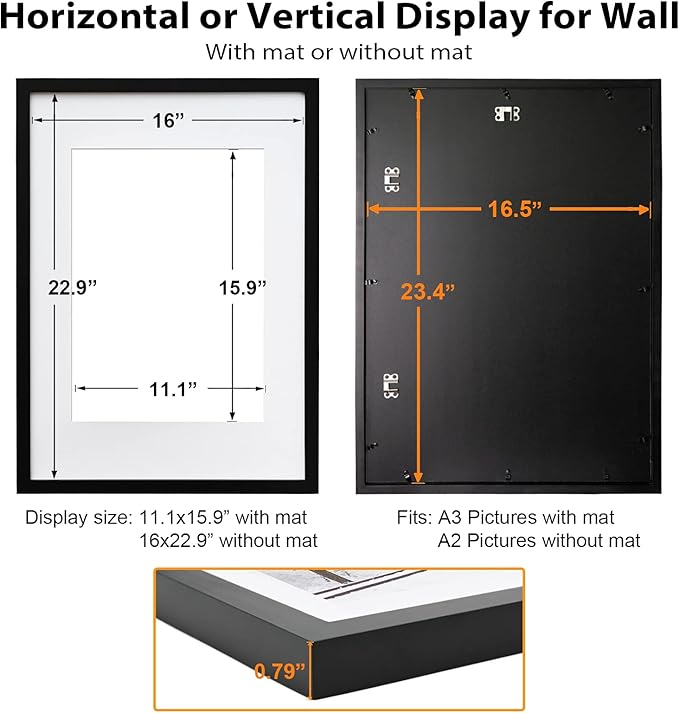 Egofine A2 Picture Frames Set of 2 Matted for A3 - Solid Wood Acrylic Plexiglass Front for Wall Mounting Hanging Vertically or Horizontally, Black - 16.5 x 23.4 in