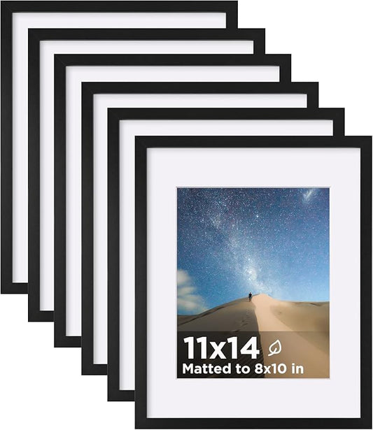 KINLINK 11x14 Picture Frame Set of 6, Wooden 14x11 Photo Frames with Plexiglass for 8x10 Picture with Mat or 11x14 Without Mat, Art Collage for Wall Gallery and Tabletop Display, 11 x 14 Frame Black