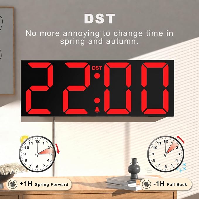 JALL 22" Large Digital Wall Clock, Big LED Display with Night Light, Auto Dimming & DST, Giant Alarm Clock for Seniors, Elderly Parents, Gift for Mom Dad (Black Shell Red Font) - Image 4