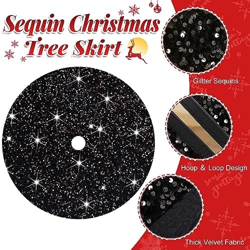 FOTSHARER Christmas Tree Skirt Black 21 Inch Mermaid Sequin Tree Skirt Velvet Halloween Tree Skirts Glitter Tree Cover Skirt for Tabletop Trees Xmas Tree Skirt Mat for Christmas Winter Holiday Decor - Image 2