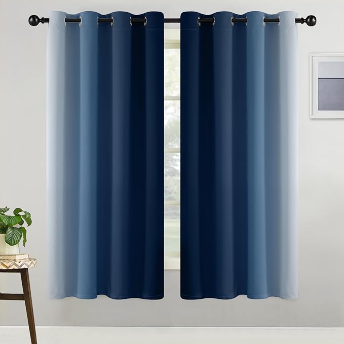 COSVIYA Grommet Ombre Room Darkening Curtains 63 inch Length, Blue and Greyish White Gradient Drapes Light Blocking Insulated Thermal Window Curtains for Bedroom/Living Room,2 Panels,52x63 inches
