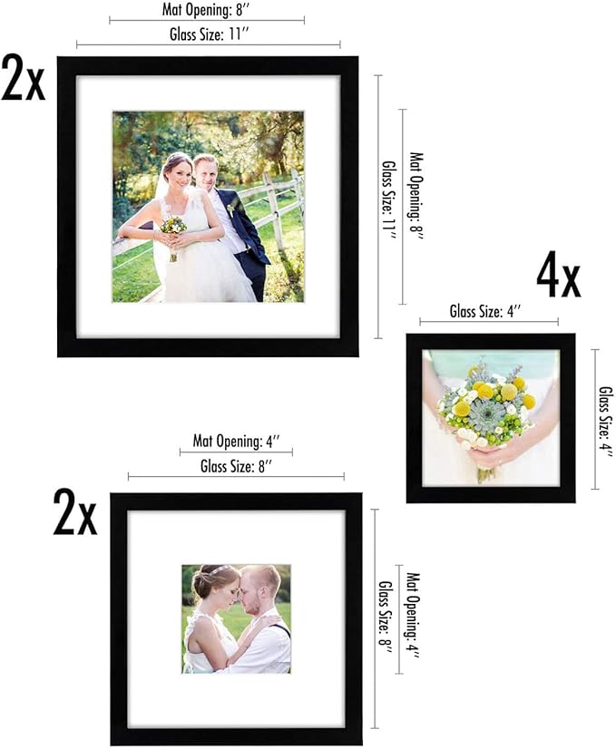 Americanflat Square Picture Frame Set in Black with Shatter Resistant Glass and Easel Stand - Various Dimensions - Pack of 8