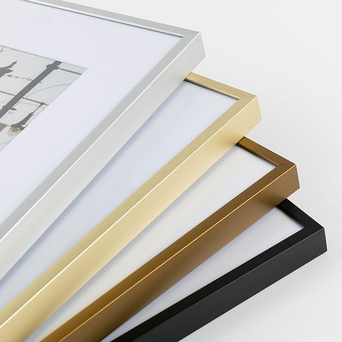 Frametory, Bronze Aluminum Picture Frame with Removable Mat - Set of 7 Includes Four 5x7, Two 8x10, One 11x14 - Real Glass Front - Simple Gallery Wall Frames for Art Prints and Posters
