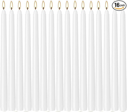 16 Pack White Taper Candles, 7-8 Hours Burn Time, Unscented, Smokeless and Dripless, 4/5 x 10 Inch for Christmas,Household,Dinner,Wedding,Valentine's Day,Party and Home Décor Candlesticks