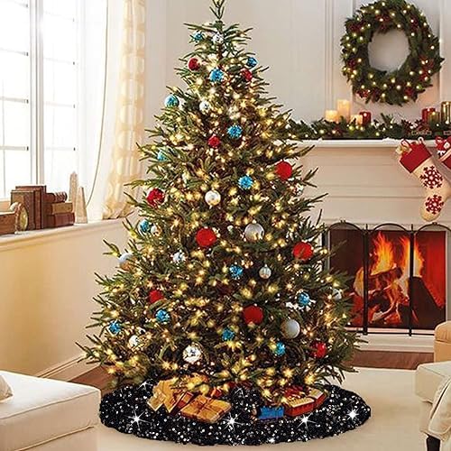 FANPROMS Black Christmas Tree Skirt 21 Inches Sequin Halloween Tree Skirts for Autumn Fall Events Thick Velvet Xmas Tree Skirt Mat Rustic Christmas Tree Base for Artificial Christmas Tree Ornaments - Image 4