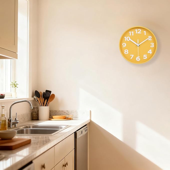 45MinST 8-Inch Yellow Modern Wall Clock ?€? Silent Non-Ticking, 3D Large Numbers, Accurate Timekeeping | Decorative Wall & Desk Clock with Stand for Living Room, Bedroom, Kitchen, or Office