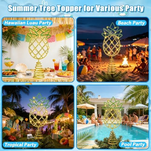 12" Gold Shiny Pineapple Summer Tree Topper with LED Lights - Image 5