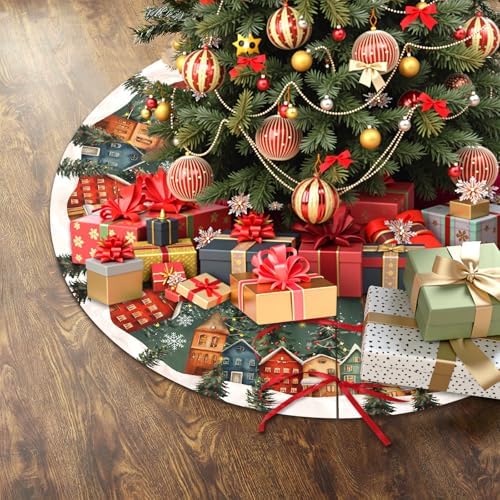 Dark Green Vintage Christmas Tree Skirt Winter 30 Inch Pine Tree Wonderland Forest Village Town House Snowflake Trees Skirts Mat for Xmas Holiday Ornament Rustic Farmhouse Decoration - Image 3
