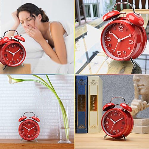 Peakeep 4 Inches Twin Bell Loud Alarm Clock for Heavy Sleepers | Backlight, Battery Operated Old Fashioned Alarm Clock for Bedrooms Kids' Room (3D-Dial, Red) - Image 4