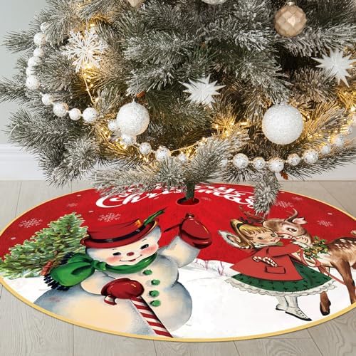 Poen 48 Inch Christmas Tree Skirt Vintage Snowman Red Farmhouse Holiday - Image 6