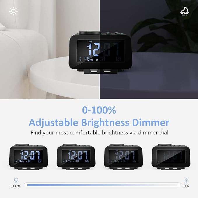 uscce Digital Dual Alarm Clock Radio for Bedrooms with 0-100% Dimmer | FM Radio with Weekday/Weekend Mode & 2 USB Charging Port & 6 Sound Adjustable Volume & Sleep Timer Temperature Battery Backup - Image 2