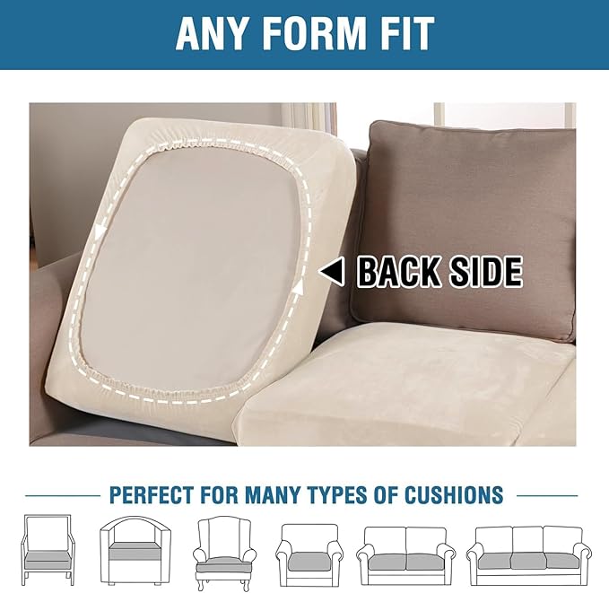 H.VERSAILTEX Velvet Stretch Couch Cushion Cover Plush Cushion Slipcover for Chair Loveseat Sofa Cushion Furniture Protector Seat Cushion Sofa Cover (2 Piece Medium Sofa Cushion Covers, Cream)