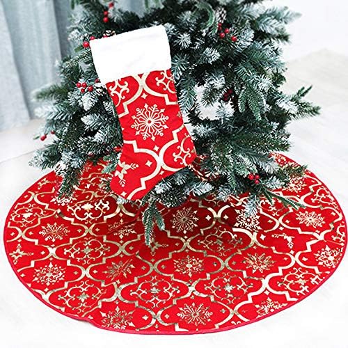 Red Flannel Tree Mat, 48 inches Large with Gilded Christmas Patterns Skirt for Xmas Tree Holiday Party Decorations Indoor Outdoor with 1 Christmas Stocking by LOZACHE