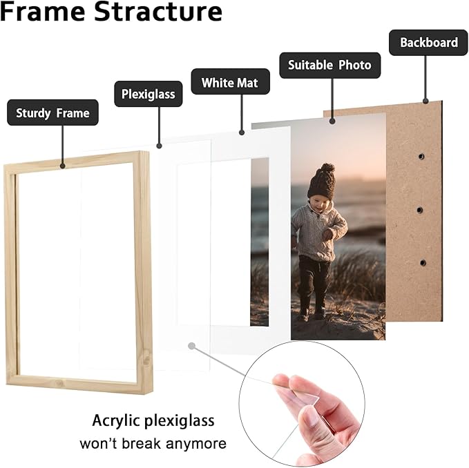 KINLINK 11x14 Picture Frame Set of 6, Wooden 14x11 Photo Frames with Plexiglass for 8x10 Picture with Mat or 11x14 Without Mat, Collage for Wall Gallery and Tabletop Display, 11 x 14 Frame Wood Grain