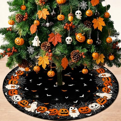 48 Inch Halloween Tree Skirt Mat Short Plush Pumpkin Spider Web Tree Skirts for Indoor Outdoor Halloween Tree Decoration - Image 3