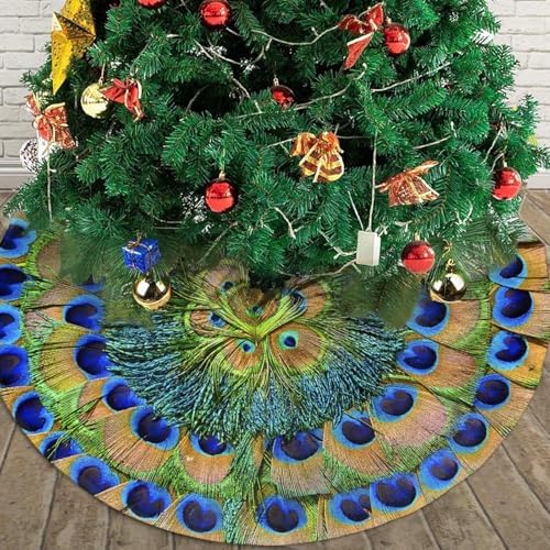 Peacock Feathers Circle Christmas Tree Skirt 36" for Xmas Halloween New Year Holiday Party Home Tree Mat Decor Ornaments Decoration - Image 4