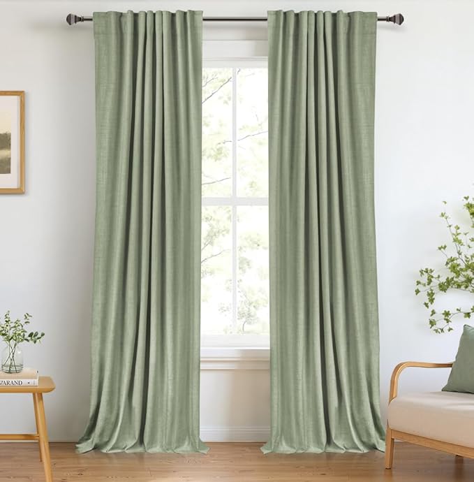 100% Blackout Shield Linen Blackout Curtains for Bedroom 108 Inches Long, Back Tab/Rod Pocket Living Room Drapes, Thermal Insulated Blackout Curtains 2 Panels Set, 50" W x 108" L, Sage