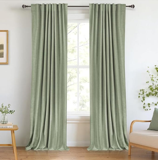 100% Blackout Shield Linen Blackout Curtains for Bedroom 90 Inches Long, Back Tab/Rod Pocket Living Room Drapes, Thermal Insulated Blackout Curtains 2 Panels Set, 50" W x 90" L, Sage