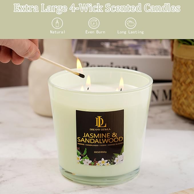 Large Candle Jasmine & Sandalwood Scented, 4 Wick Natural Soy Candles for Home Scented, 30oz Big Candle Long Lasting, Home Aromatherapy Candles Housewarming Gift for Women Men