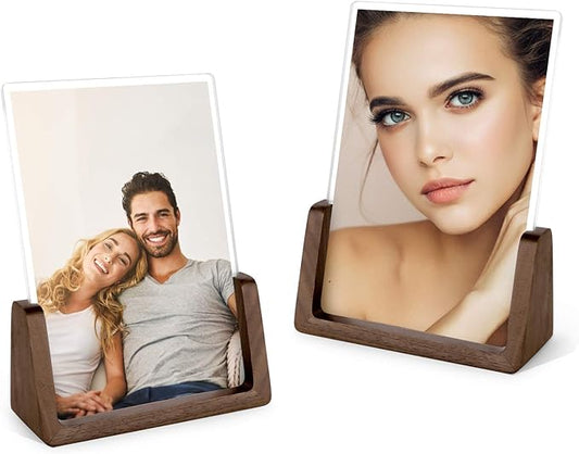 Mixoo 4x6 Picture Frame 2 Pack - Rustic Wood Picture Frames with Walnut Wooden Base and High Definition Break Free Acrylic Frame Covers for Desk Tabletop Display (4x6 inch, Vertical + Vertical)