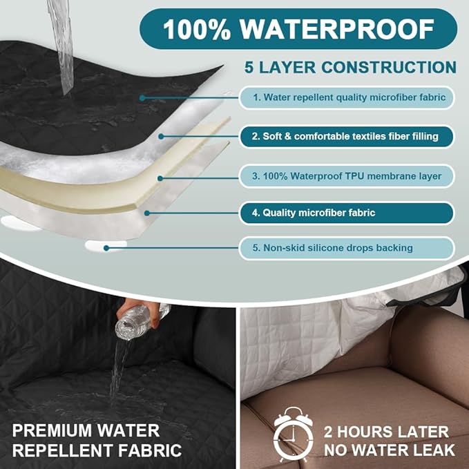 Turquoize 100% Waterproof Sofa Covers Chaise Lounge L Shape Sofa Protector Slip Cover Triple Non-Slip Sofa Slipcover for Chaise Sectional Couch Cover for Pets, Kids (Chaise, Black)