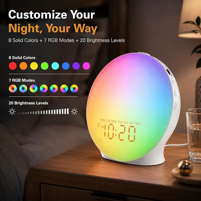 JALL Sunrise Alarm Clock White Noise Machine with 25 Nature Sleep Sounds, Fully Dimmable Clock for Bedrooms, Heavy Sleepers, 17 Light Modes, Bluetooth Speaker - Image 9