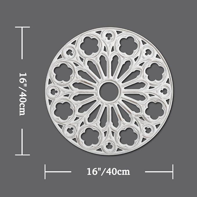 XIAOAIKA Wood Round Decorative Wall Sculpture, Hand-Carved Floral Geometric Design with Distressed White Finish, Vintage Farmhouse Boho Wall Art for Living Room Bedroom Hallway, 16 Inch