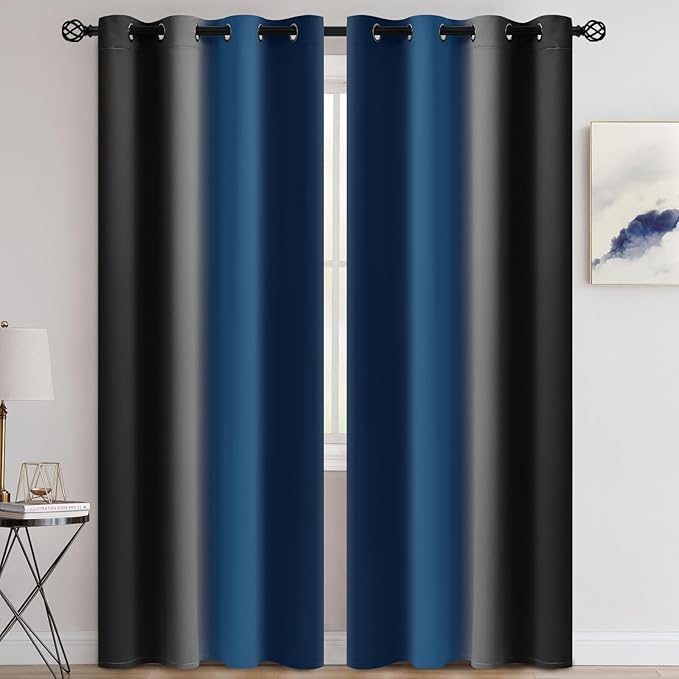 COSVIYA Curtains & Drapes Dark Blue and Black Curtains 84 inch Length 2 Panels,Full Room Darkening Grommet Insulated Thermal Window Curtains for Bedroom/Living Room,52x84inches