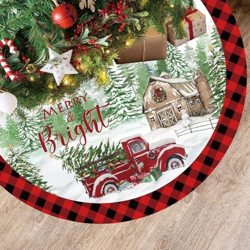 Blosssound Christmas Tree Skirt Buffalo Plaid Retro Red Truck Xmas Tree Skirt for Winter Holiday Farmhouse Christmas Party Decoration (48 Inch,Truck,Red Black) by Blosssound