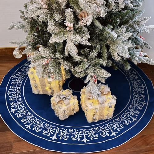 Blue Christmas Tree Skirt Velvet 48 inch，Large Elegant Velvet Blue Tree Skirt Fur Plush, Xmas Tree Skirts with Floral Embroidered Vintage Pattern Round for Merry Christmas Party Xmas Tree Decorations - Image 6