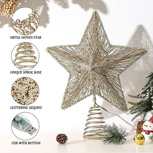Lewondr Lighted Christmas Star Tree Topper with Remote & Timer, Champagne - Image 6