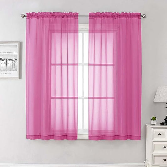 Lecloud Hot Pink Sheer Curtains 63 Inch Length 2 Pcs, Solid Voile Long Light Filtering Curtains for Living Room, Dual Rod Pocket Home Decor Drapes for Bedroom Dining Room, Each Panel 42" W x 63" L
