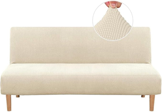 H.VERSAILTEX Armless Futon Cover Stretch Sofa Bed Slipcover Protector Elastic Feature Rich Textured High Spandex Small Checks Jacquard Fabric Futon Cover, Machine Washable, Natural