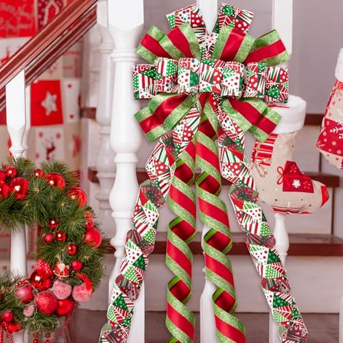 WRAPAHOLIC Large Christmas Tree Topper Bow - 13 x 52 Inch Red and Green Christmas Tree Topper Ribbon Bow Wreath Bows with Wired Edge for Xmas Ornament Indoor Outdoor Decoration - Image 5