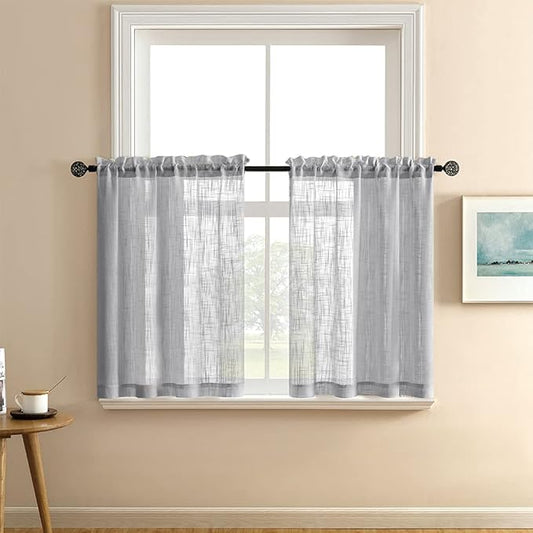 Grey Kitchen Curtains Semi Sheer Privacy Linen Textured Rod Pocket Short Tier Cafe Curtain Valances Silver Light Gray Bathroom Window Curtains Bedroom 2 Panels Set 24 Inch Length