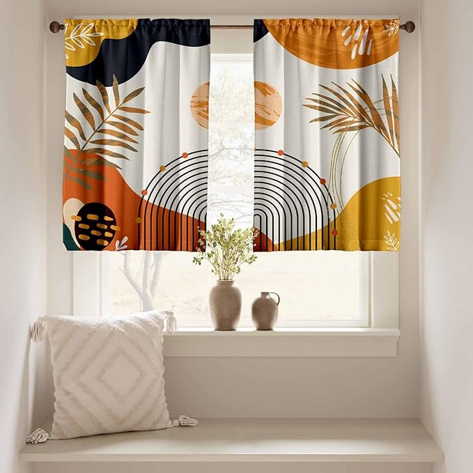Orange Boho Curtains 39 Inch Mid Century Cafe Drapes for Small Windows Abstract Leaves Rainbow Colorful Modern Geometric Window Curtains for Kitchen Living Room Bathroom Laundry 2 Panels