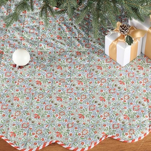MiniInflat Quilted Christmas Tree Skirt - Vintage Floral Block Print Christmas Tree Skirt with Scalloped Edge Thicken Cotton for Home Decorations Holiday Party Gift(60 Inch,Gingham Floral,Orange) - Image 3