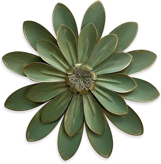 Novbvia Metal Flower Wall Sculpture, 12" Rustic Modern Floral Artwork, Distressed 3D Layered Iron Flower Wall Hanging Accent for Indoor/Outdoor, Kitchen,Living Room Office Garden Decor (Green)