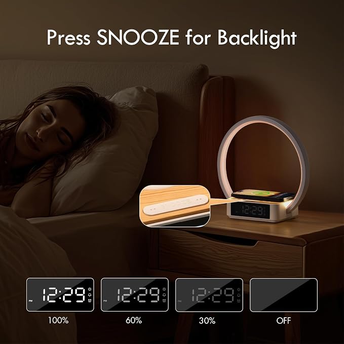 WILIT Bedside Lamp with Alarm Clock, Sunrise Wake-up Light, Wood Grain - Image 6