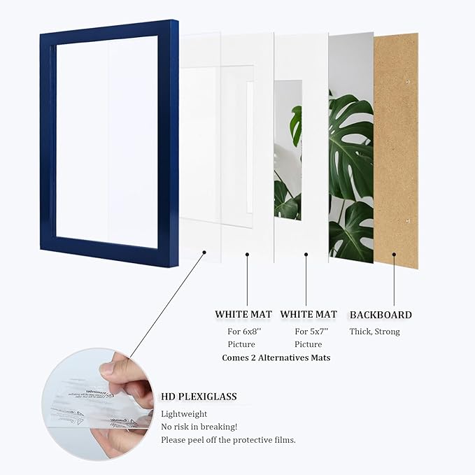 Egofine 9x12 Picture Frames 4PCS Covered by Plexiglass, Wood Frames for Pictures 5x7/6x8 with Mat or 9x12 without Mat, Tabletop and Wall Mounting Display, Navy Blue