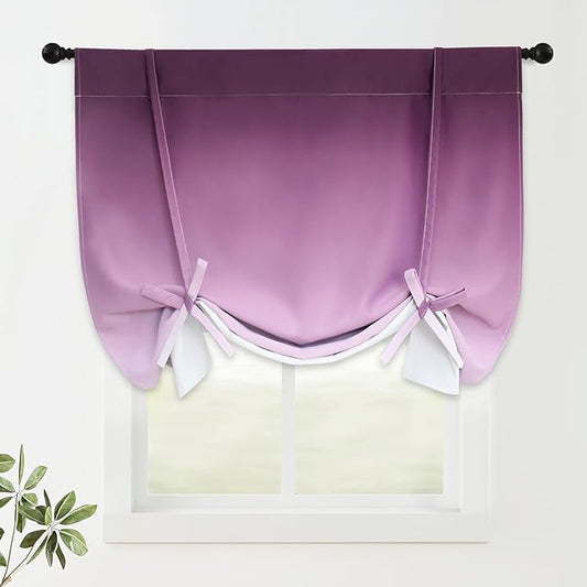 COSVIYA 100% Blackout Thermal Insulated Curtains 42x63 Inch - Ombre Purple Tie-Up Balloon Roman Shade, Adjustable Room Darkening Valance with Rod Pocket for Small Windows (1 Panel)
