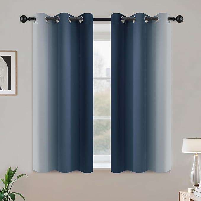 COSVIYA Curtains & Drapes Ombre Navy Blue Curtains 45 inch Long 2 Panels Set, Grommet Room Darkening Light Blocking Insulated Thermal Gradient Window Panels for Bedroom/Living Room,42x45 inches