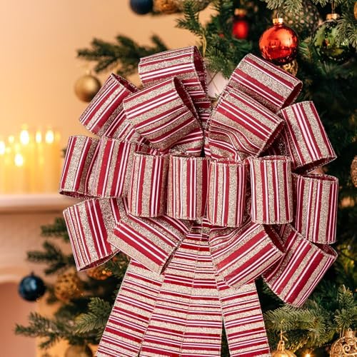 WRAPAHOLIC Large Christmas Tree Topper Bow - 13 x 52 Inch Burlap Striped Christmas Tree Topper Ribbon Bow Wreath Bows with Wired Edge for Xmas Ornament Indoor Outdoor Decoration - Image 3