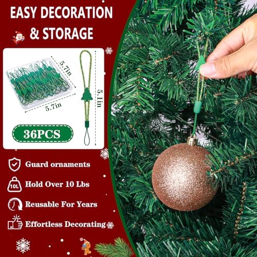 36 Pack Christmas Ornament Hooks, Adjustable No Slip Strings, Green-Gold - Image 4