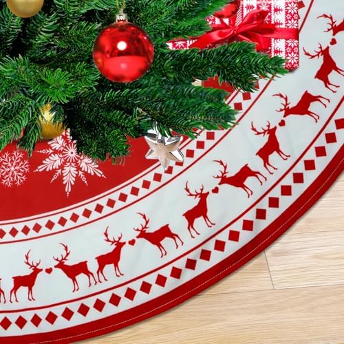 Christmas Tree Skirt 48 inch Large Tree Skirt Snowflake Reindeer Red Xmas Tree Skirt Rustic Christmas Tree Mat Decorations for Winter New Year Holiday Party Decor Indoor Outdoor by Bestselectionofgifts