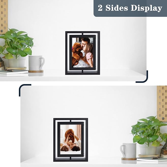 EXYGLO 2 Pack 5x7 Rustic Rotating Floating Picture Frames, Photo Frames for Vertical or Horizontal Tabletop Display, Black