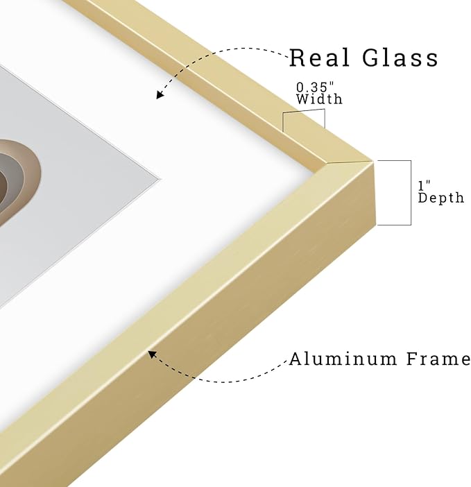Frametory, Aluminum Picture Frames Set of 7 - Gold Gallery Wall Kit - Displays One 11x14, Two 8x10, and Four 5x7 inch Photos for Home Decoration